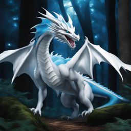 blue-eyes white dragon emerging from the shadows in a mysterious forest clearing. 