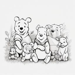 drawing of Winnie the Pooh and his friends  minimal rough sketch scribbles,doodles,black and white