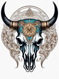 Bull skull with crescent moon tattoo. Nocturnal guardian of the wild.  color tattoo design, white background