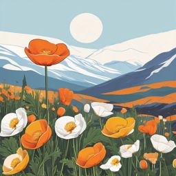 Arctic Iceland Poppy Clip Art - Iceland poppies in the Arctic landscape,  color vector clipart, minimal style