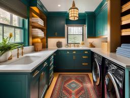 In the laundry room, Egyptian Revival interior design includes vibrant colors, decorative elements, and organized storage that make chores feel stylish and rich in character.  