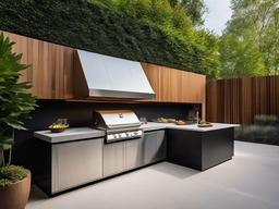 In the outdoor kitchen, Bauhaus interior design showcases a streamlined grill, minimalist countertops, and integrated seating that enhance cooking and entertaining experiences in a stylish setting.  