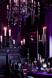 haunted castle dining room with gothic chandeliers and eerie portraits. 