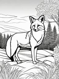 Fox Coloring Pages - Fox staring at a sunset from a hilltop  simple coloring pages