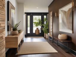 Organic Modern entryway highlights natural materials, soothing colors, and simple designs for a calming environment that makes a welcoming impression.  