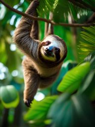 Cute Sloth Hanging in a Leafy Canopy 8k, cinematic, vivid colors