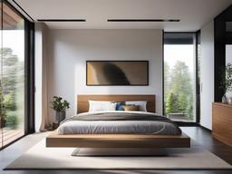 Modern bedroom features a simple platform bed, minimalist decor, and large windows that let in plenty of natural light for a bright and airy feel.  