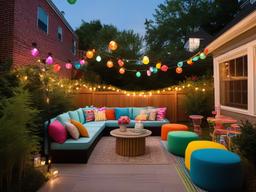 Candy Land outdoor patio incorporates colorful seating, whimsical decor, and playful string lights, creating a fun and vibrant space for outdoor relaxation and entertainment.  