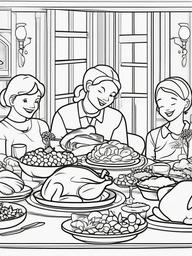 Thanksgiving Dinner Coloring Pages - Family Gathering with Festive Food  minimal black outline printable sheet, coloring page