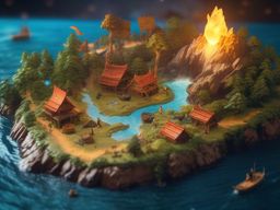 Treasure map leads group of adventurers to an island inhabited by mythical creatures. hyperrealistic, intricately detailed, color depth,splash art, concept art, mid shot, sharp focus, dramatic, 2/3 face angle, side light, colorful background