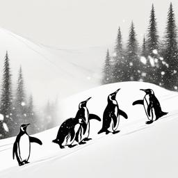 drawing of penguins marching in the snow  minimal rough sketch scribbles,doodles,black and white