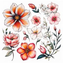 Feminine flower tattoos, Delicate and artistic tattoos featuring various flowers, often preferred by women.  vivid colors, white background, tattoo design