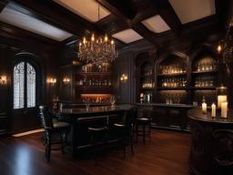 In the bar room, Gothic interior design includes dark wood accents, ornate glassware, and flickering candlelight that create a lively atmosphere for socializing and entertainment.  