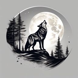 Wolf Howling at the Moon Tattoo,timeless scene, wolf serenading the moon, testament to the enduring connection with the cosmos. , tattoo design, white clean background