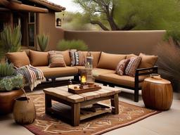 Southwestern patio combines earthy colors, patterned textiles, and rustic furniture for a warm and inviting atmosphere during outdoor activities.  