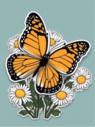 Butterfly and Daisies Sticker - Butterfly resting on daisies, ,vector color sticker art,minimal