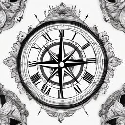 Compass clock design: Navigation and time combined, guiding the way forward.  black white tattoo, white background