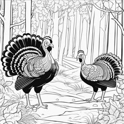 turkey coloring pages - turkeys strut and gobble in a lively forest. 