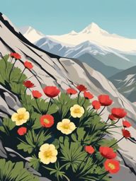 Alpine Avens Clip Art - Alpine avens blossoms in a rocky terrain,  color vector clipart, minimal style