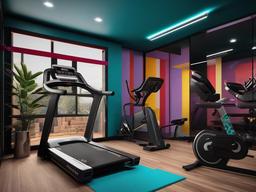 In the gym room, maximalist interior design includes colorful equipment, bold wall art, and an energetic atmosphere that motivates workouts and fitness activities.  