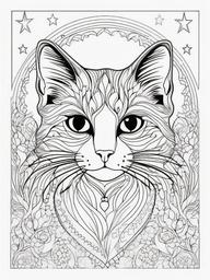 Cat with Stars Coloring Pages - Dreamy Cat in a Starry Night  minimal black outline printable sheet, coloring page