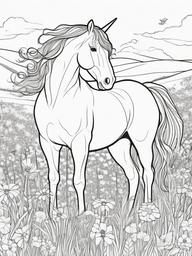 Unicorn in a Meadow Coloring Pages - Peaceful Scene with Flowers and Grass  minimal black outline printable sheet, coloring page