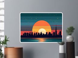 Rainy cityscape at dawn sticker- Urban awakening, , sticker vector art, minimalist design