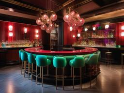 In the bar room, surrealist interior design includes playful bar stools, imaginative counters, and vibrant decor that create an enchanting environment for socializing and celebration.  