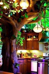 enchanted forest kitchen with tree-trunk countertops and whimsical fairy lighting. 