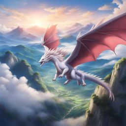 kanna kamui soars through the skies in dragon form above a picturesque mountain range. 