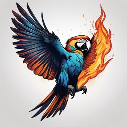 Cosmic macaw tattoo rising from cosmic, transformative flames, with heron features.  color tattoo style, minimalist design, white background