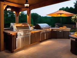 Country outdoor kitchen combines sturdy cabinetry, warm colors, and simple decorations to create a cozy atmosphere for outdoor gatherings.  