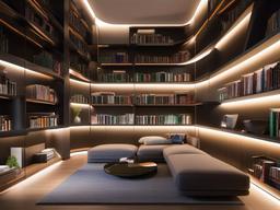 In the library room, futuristic interior design incorporates smart shelving, ambient lighting, and sleek seating that inspires a love for reading in a contemporary setting.  