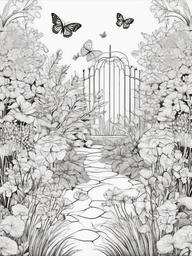 Butterfly Garden Scene Coloring Pages - Enchanted Garden Full of Butterflies  minimal black outline printable sheet, coloring page