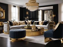 Luxury Glam living room features plush velvet furniture, gold accents, and mirrored surfaces to create a lavish and opulent space.  