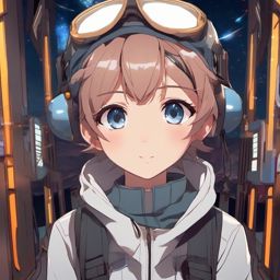 Adventurous time traveler in a world of paradoxes.  front facing ,centered portrait shot, cute anime color style, pfp, full face visible