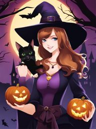 witch and her familiar - create an anime wallpaper featuring a witch and her mischievous familiar, ready for halloween spells. 