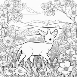 spring coloring pages - baby animals play in a field of blooming spring flowers. 