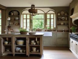 French country kitchen with distressed cabinets and vintage ceramics.  