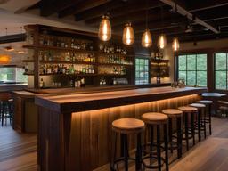 In the bar room, Wabi Sabi interior design includes simple bar stools, reclaimed wood counters, and organic accents that create a warm environment for socializing and celebration.  