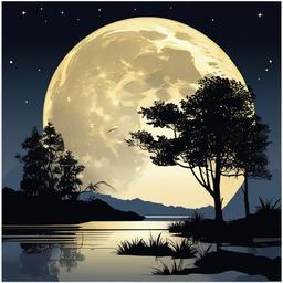 Moon clipart - full moon over a calm lake  