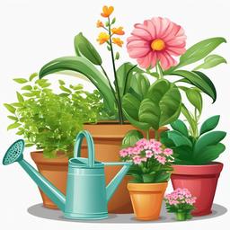 Garden clipart - watering can and potted plants  clipart