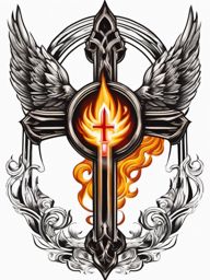 Eternal flame and cross tattoo: Symbolizing perpetual faith in Catholic belief.  color tattoo style, white background