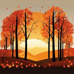 October clipart - autumn sunset with trees and falling leaves  color,minimalist,vector clipart