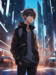 Confident anime boy in a futuristic city. , aesthetic anime, portrait, centered, head and hair visible, pfp