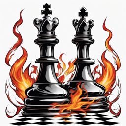 Chess pieces with fiery flames tattoo: Symbolizing the intensity and passion within the game.  black white tattoo, white background
