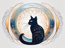 Astral cat, with ethereal patterns and celestial symbols, embodying the spirit of a cat connected to the cosmic realm.  colored tattoo style, minimalist, white background