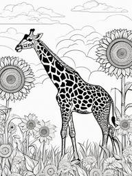 Giraffe Coloring Pages - Giraffe walking through a field of sunflowers  simple coloring pages