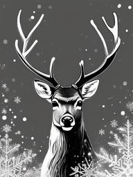 drawing of a deer with snowflakes  minimal rough sketch scribbles,doodles,black and white