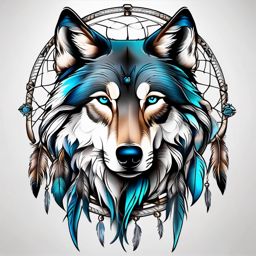 Dream Catcher Tattoo with Wolf,dreamcatcher united with a wolf in a tattoo, protector of dreams and guardian of the wild. , color tattoo design, white clean background